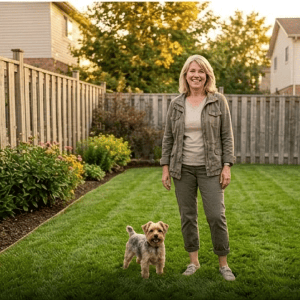Après : cour traitée, chien jouant sécurisé, famille protégée