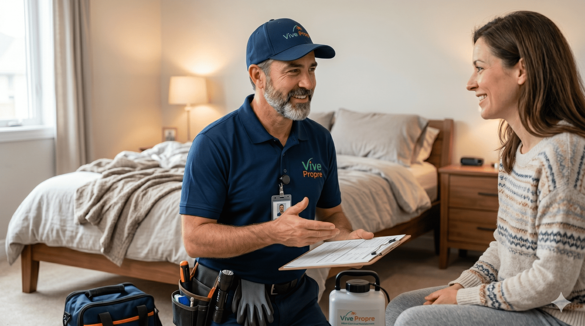 Technicien Extermination Vive Propre rassurant un client lors d'une inspection à domicile